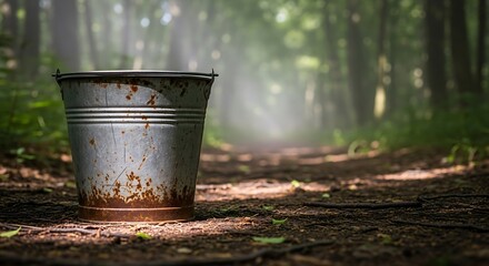Rustic bucket resting on a forest trail, bathed in dappled sunlight, amidst a serene natural setting