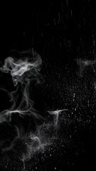Abstract design featuring a dynamic display of flowing, ethereal white smoke and particles against a stark black backdrop.