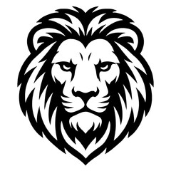 A bold black lion face with a majestic mane and intense eyes on a white background.