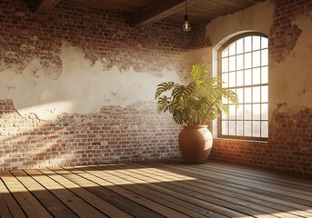 Rustic loft apartment interior with exposed brick and monstera plant