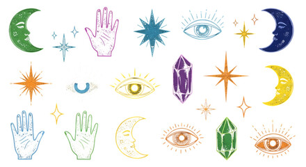 Collection of colorful hand-drawn mystical symbols including moons, stars, hands, eyes, and crystals.