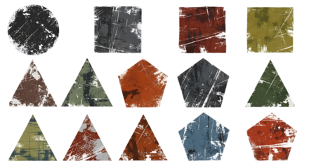 Collection of grunge-textured geometric shapes, including circles, squares, triangles, and pentagons, with distressed surfaces.