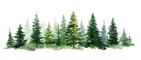 Watercolor illustration of a row of pine trees