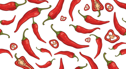 Seamless pattern of hand-drawn red hot chili peppers, both whole and sliced, scattered on a white background.