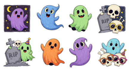 A collection of cute and colorful cartoon ghosts in various Halloween-themed scenes, including gravestones and skulls.