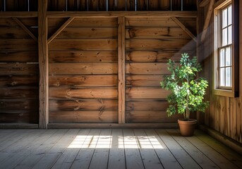 Sun-Drenched Rustic Interior with Wooden Paneling and Indoor Plant creating a calm environment