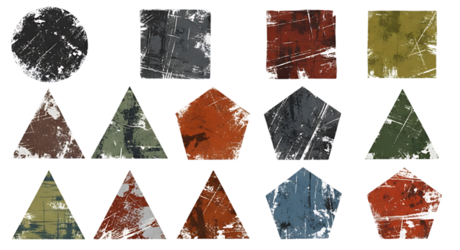 Collection of grunge-textured geometric shapes, including circles, squares, triangles, and pentagons, with distressed surfaces.