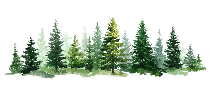 Watercolor illustration of a row of pine trees