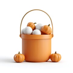 An orange bucket with a golden handle holds small orange pumpkins and white speckled eggs on a white background