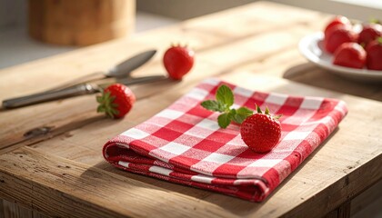 Sunlit Wooden Surface with Fresh Red Strawberries and Gingham Cloth Still Life
