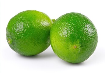 Two vibrant green citrus fruits, limes, sit on a clean white background, well-lit with details