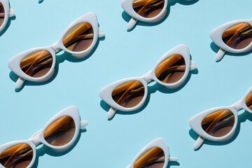 Array of cat-eye sunglasses with white frames and tinted lenses against a light blue backdrop