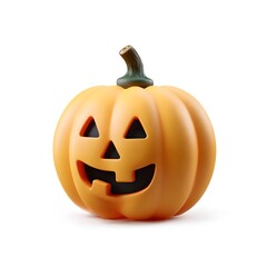 Bright orange 3D jack o' lantern with carved spooky face Triangular eyes nose smiling mouth green stem Isolated on white