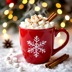 “Red snowflake mug of hot chocolate with marshmallows, cinnamon sticks, and Christmas tree lights in a cozy snowy winter holiday scene”