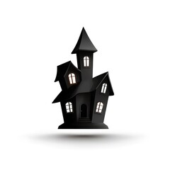 Black stylized haunted house illustration with glowing windows on a pure white background casting a subtle shadow