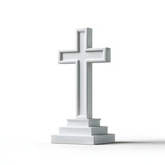 White three dimensional Christian cross on a tiered base against a clean white background Modern holy religious symbol