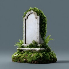 Old stone monument with an arched top covered in vibrant green moss lush ferns and creeping ivy Isolated on gray