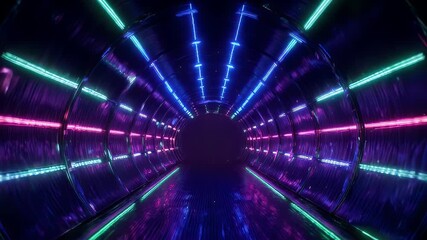 A futuristic tunnel of purple, blue, and green neon lights receding towards a dark center - Powered by Adobe