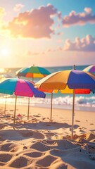 Sunny Beach Scene with Colorful Umbrellas on Golden Sand at Sunset With Dramatic Clouds and Sea View