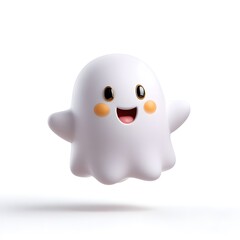 Cute friendly white ghost character with black eyes golden rims pink mouth and rosy cheeks floating happily