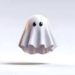 Sweet white cartoon ghost with big black eyes rendered in 3D floating against a clean light background