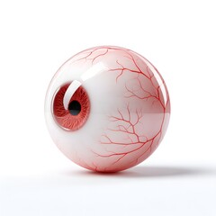 Close up 3D rendered human eyeball featuring a vibrant red iris black pupil and intricate blood vessels White background