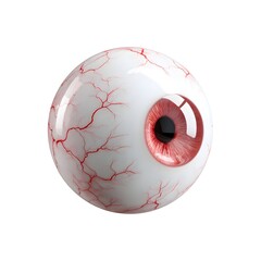A close up 3D render of a human eyeball displays a bloodshot white sclera with visible red veins a dark pupil and a