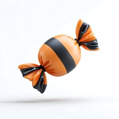 Single three dimensional orange and black striped candy with crinkled wrapper ends floating on a white background