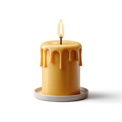 A glowing yellow pillar candle with melted wax drips resting on a white coaster Isolated on a clean white background