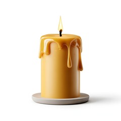 A lit yellow pillar candle with melting wax drips standing on a grey round base against a white background