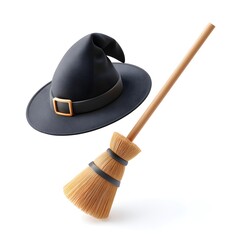 Classic black witch's hat with a golden buckle accompanied by a traditional wooden broomstick with straw bristles
