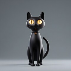 Stylized 3D rendered black cat with glowing yellow eyes sitting upright on a plain grey background