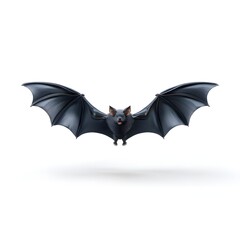 A dark gray bat with wings fully spread mid flight looking directly forward against a clean white background