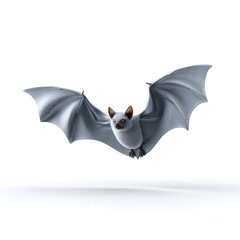 A small light gray bat with bright orange eyes and wide spread wings gracefully flying on a clean white background