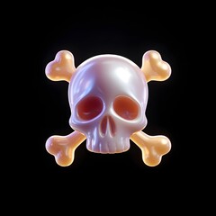 Shiny pearlescent 3D skull and crossbones symbol with soft reflections against a dark black background