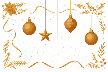 Gold Christmas decoration on white background. Elegant vector illustration banner with festive ornaments, poinsettia flower, stars and ribbons for holiday greeting card design.