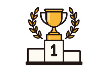 First place winner podium with gold trophy cup and laurel wreath. Vector icon for competition, prize, success, winning, award, victory, achievement, champion, goal.