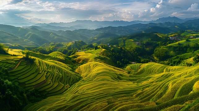 Terraced rice fields on rolling hills
