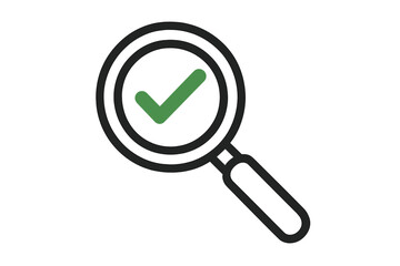 Magnifying glass with green check tick. Vector icon for research, verified results, success, examination, reviews. Concept of discovery, validation, quality control, approval.