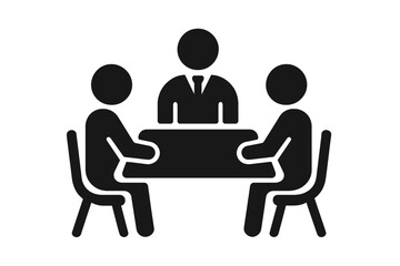 Business meeting vector icon. Teamwork concept. People sitting at table in conference room. Office collaboration and communication. Leadership, management and corporate discussion symbol.