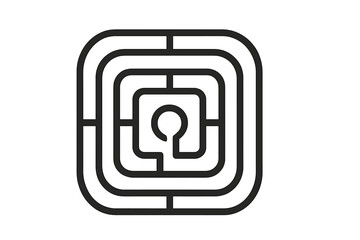 Labyrinth icon, minimal maze puzzle design for concept of challenge, solution, and strategy. Vector illustration of a complex path, way out, or problem solving. Keyhole center.