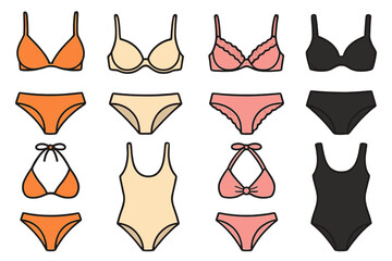 Lingerie and swimwear set. Female underwear and bikini collection. Bra, panties, and swimsuit vector icons. Minimalistic flat design for fashion and apparel concepts.