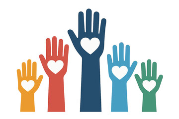 Colorful hands with hearts vector concept for charity, donation, and volunteering. Diverse community helping, supporting, and uniting for a cause. Social teamwork and unity.