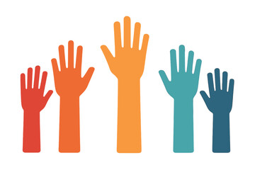 Obraz premium Raised hands vector for charity, volunteering, and donation. Diverse community help concept. Teamwork metaphor. Social support. People voting. Cooperation and unity symbol.