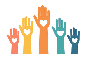 Colorful rising hands with heart. Vector icon for charity, donation, fundraising, and volunteering subjects. Symbol of community, help, love, support, and social work.