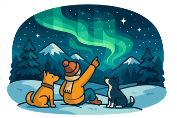Man and dogs enjoy stargazing under northern lights. Winter night sky with aurora borealis in snowy mountains. Vector illustration concept for wonder, adventure and friendship.