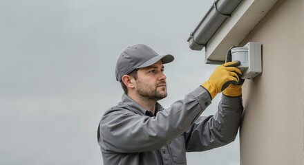 Technician installing an outdoor motion sensor light on a house wall. Professional electrician working on a home security system.