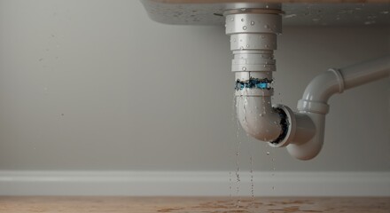 Broken PVC pipe leaking water under a sink. Dripping drain causing water damage on the floor. Home plumbing emergency and repair concept.