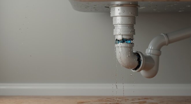 Broken PVC pipe leaking water under a sink. Dripping drain causing water damage on the floor. Home plumbing emergency and repair concept.