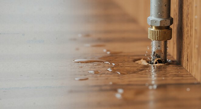 Water leak from a broken pipe flooding a laminate floor. Plumbing emergency and home damage concept. Close-up with copy space. - Powered by Adobe